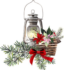 Watercolor Christmas Lantern with Basket. Hand Painted