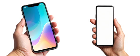 Hand Holding Horizontal Smartphone with Blank Screen for Video App Mockup, Front View, Isolated on Transparent Background