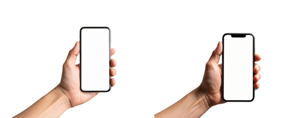 Hand Holding Horizontal Smartphone with Blank Screen for Video App Mockup, Front View, Isolated on Transparent