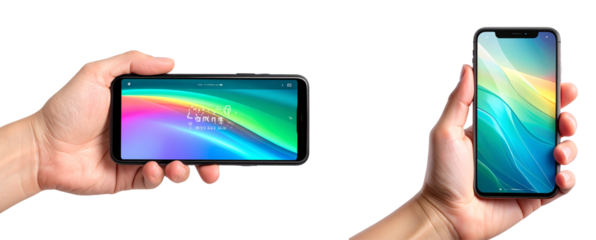 Left Hand Holding Tilted Smartphone Horizontally with Glossy Screen Reflection, Side Angle View, Isolated on Transparent.
