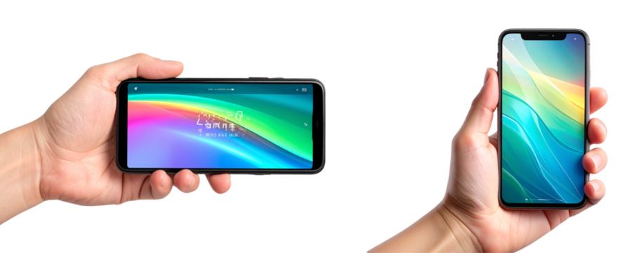 Left Hand Holding Tilted Smartphone Horizontally with Glossy Screen Reflection, Side Angle View, Isolated on Transparent.