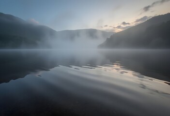 Misty morning over a calm mountain lake at dawn.