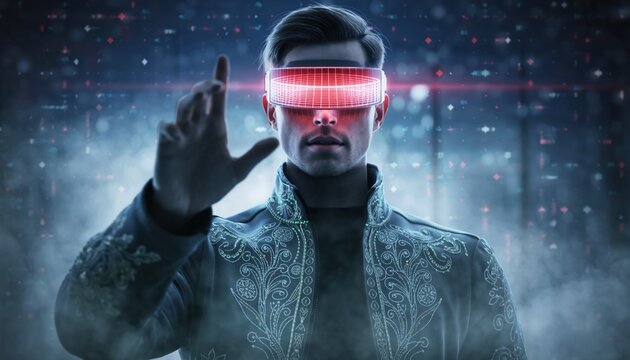 A man wearing futuristic visor gear interacts with digital elements to visualize augmented technology. The theme represents new trends in virtual experience - Powered by Adobe