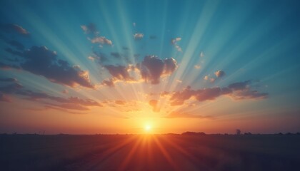 Vibrant Sunset Rays Breaking Through Clouds Over Horizon Field