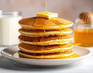 Golden Pancakes Stack with Honey and Butter Drizzle
