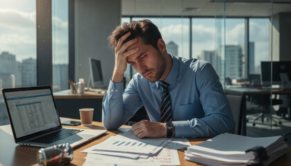 A stressed office worker surrounded by paperwork represents modern pressure in corporate environment, concept of burnout and search for work balance