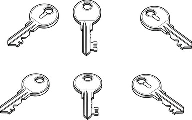 Set of six keys, metal key collection, security concept, locksmith tools, flat vector illustration, cad drawing, isolated design