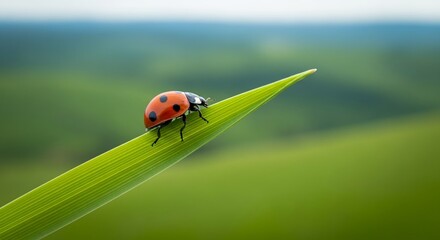Ladybug on Green Blade of Grass Macro. Close-up photo of a vibrant red ladybird with black spots resting on the sharp tip of a single blade of green grass against a soft, natural background.
