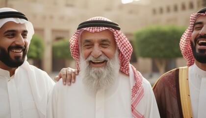 Three men share joyful moment in Middle East setting showing unity tradition and generational bond that suits concept of family celebration cultural heritage or regional holiday