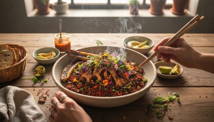 Gourmet dining concept illustrated with steaming bowl of quinoa and grilled dish artfully plated. Culinary trend showcases creative fusion approach in cosy kitchen