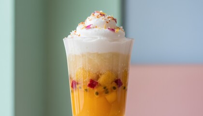 Summer drink trend presented with layered fruit ice beverage topped with cream. Refreshment concept shows popularity of vibrant dessert inspired drink