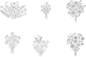 Elegant hand-drawn floral bouquet line art collection featuring wildflowers, roses, daisies, and botanical elements in minimalist black-and-white vector style