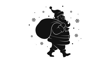 A festive black silhouette of Santa Claus walking, carrying a large sack of gifts, surrounded by falling snowflakes on a white background.