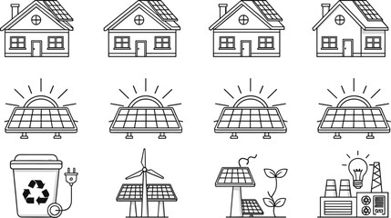 Solar energy icons set, eco friendly renewable power illustration, sustainable technology vector drawing, green energy design for environment projects