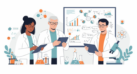 Diverse team of scientists in lab coats collaborating, analyzing data on tablets, surrounded by laboratory equipment, chemical structures, and research graphs.