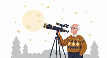 Senior man observing the full moon and stars through a telescope, enjoying astronomy outdoors. © Nafa Project