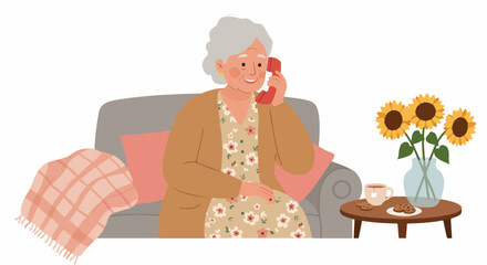 Happy senior woman talking on a retro landline phone, sitting comfortably on a sofa at home with sunflowers, tea, and cookies nearby, enjoying a cozy moment.