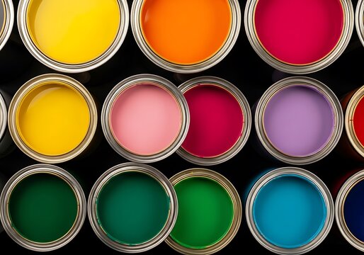 Top view of open paint cans in various vibrant colors arranged in rows