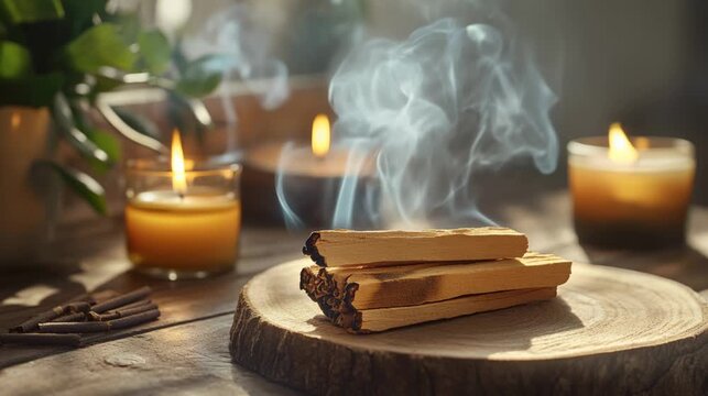 Aromatic and soothing scene with palo santo incense burning alongside softly glowing candles on a wooden table setting, creating a tranquil and peaceful ambiance.