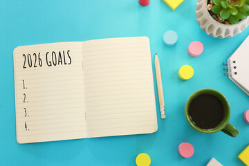 Top view image of notebook with the text goals 2026