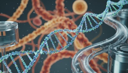 A detailed digital helix captures scientific innovation and breakthroughs in genetics research. The futuristic atmosphere supports biotech progress themes and laboratory exploration