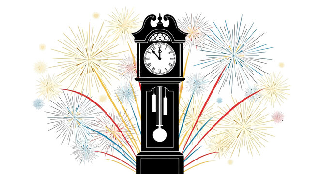 A black grandfather clock with a pendulum showing midnight, surrounded by colorful fireworks exploding in the night sky, symbolizing New Year's Eve celebration.