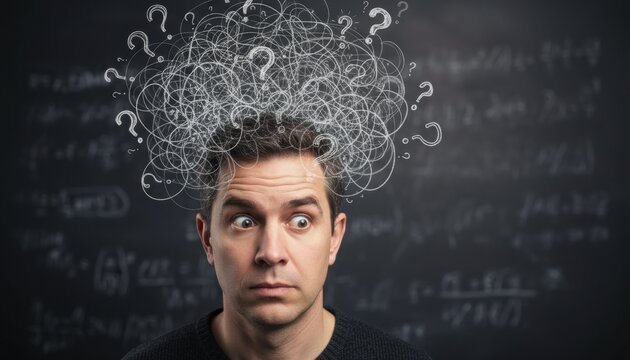 A man with swirling question marks illustrates problem solving challenges and mental overload concepts. The chalkboard background supports themes of learning difficulty and complex thinking