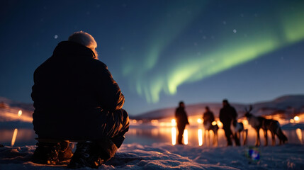 A contemplative Santa Claus sits beside a shimmering lake, gazing up at the northern lights, emanating tranquility and a profound connection to nature under a starry sky.