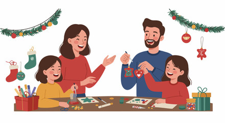Joyful family crafting Christmas decorations together, parents and daughters engaged in festive DIY activities, celebrating the holiday spirit with creativity.