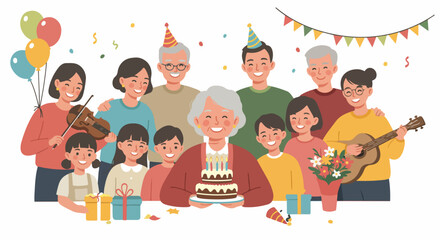 Joyful multi-generational Asian family celebrating grandmother's birthday with cake, music, gifts, and festive decorations, emphasizing happiness and togetherness.