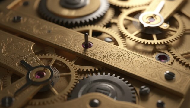 An ornate watch mechanism with golden gears reflects concept of time precision in luxury craft, heritage engineering in modern collectible trend