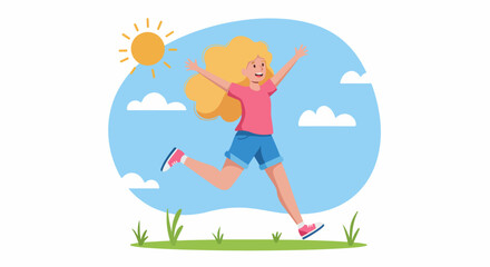 Happy Young Woman Running and Jumping Outdoors Under a Sunny Sky