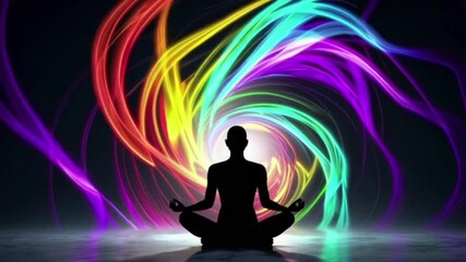 Meditating person silhouette with as luminous rainbow energy swirls spiral around conveying focus, inner peace, and creative energy for wellness and inspiration. Yoga, harmony concept,4K looped video.