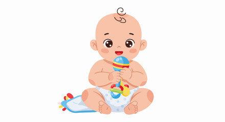Adorable Cartoon Baby Playing with Colorful Rattle, Happy Infant in Diaper Illustration for Childcare and Development Themes