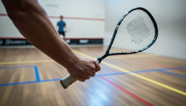A squash player gripping racket on court conveys idea of energetic sport in recreational trend. It can highlight growing participation in indoor activity for health motivation