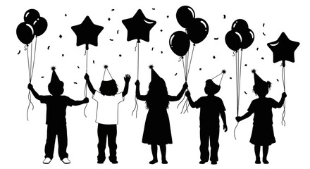 Silhouettes of five children wearing party hats and holding balloons with confetti falling. © AlyaNaja
