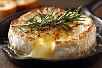 Baked camembert in black cast iron skillet, topped with rosemary. Rustic kitchen backdrop features blurred wooden table. Concept of melted cheese with garlic herbs.