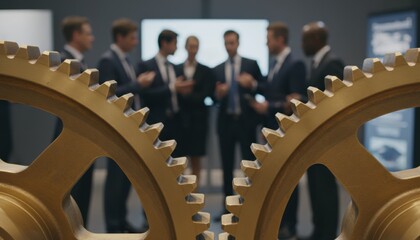 Large metal gears frame a group of professionals to symbolize cooperation and industry unity. This scene supports themes of teamwork efficiency and mechanical progress