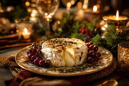 Close-up of festive table setting featuring baked camembert with slice cut, surrounded by grapes and thyme. Concept of cozy holiday atmosphere with melted cheese with garlic herbs.