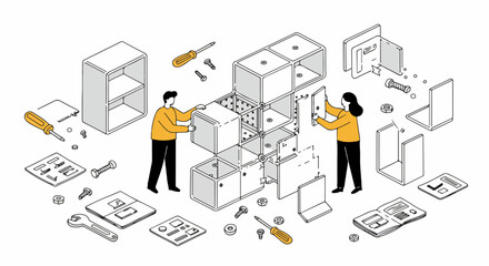 Couple Assembling Modular Furniture: Isometric DIY Home Improvement Project with Tools and Instructions