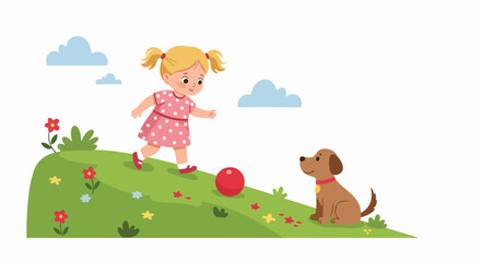 A happy blonde girl in a pink polka-dot dress plays with her brown dog and a red ball on a sunny green hill surrounded by colorful flowers.