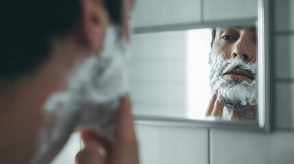 Man carefully shaving his face in front of a bathroom mirror, creating a smooth and clean shave. The mirror reflects the man's concentrated expression and the shaving foam covering his face.