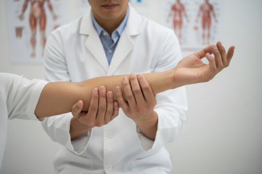 A close-up view of a medical professional, such as a physiotherapist or orthopedist, wearing a white coat and examining a patient's extended arm.