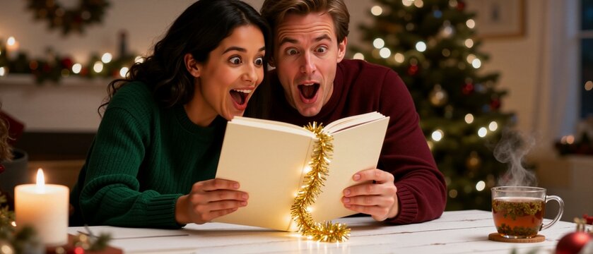 Amazed couple looking at a magical glowing book with expressions of surprise. Man and woman celebrating a festive Christmas holiday at home with wonder and joy