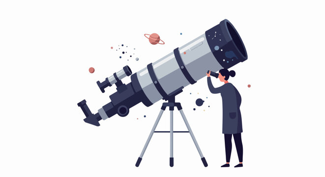 Woman observing cosmos through a large telescope, surrounded by planets and stars, symbolizing discovery and astronomical exploration.
