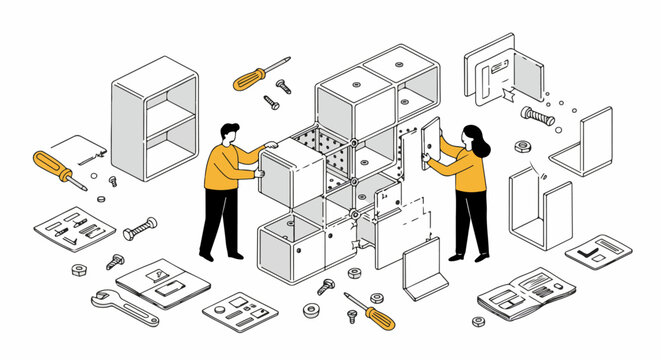 Couple Assembling Modular Furniture: Isometric DIY Home Improvement Project with Tools and Instructions