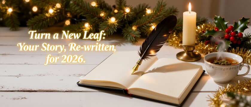 New year 2026 resolutions concept with a quill pen on a blank notebook. Cozy holiday scene with a candle and Christmas decorations for writing a new story and setting goals