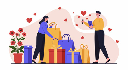 Couple enjoying a shopping spree with many gift boxes and bags, surrounded by hearts, celebrating love and thoughtful presents with a modern flat illustration.
