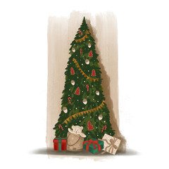 Retro vintage Christmas tree illustration with classic ornaments and beautifully wrapped gifts beneath. A textured hand-drawn sketch that captures warm holiday charm and nostalgic festive spirit.