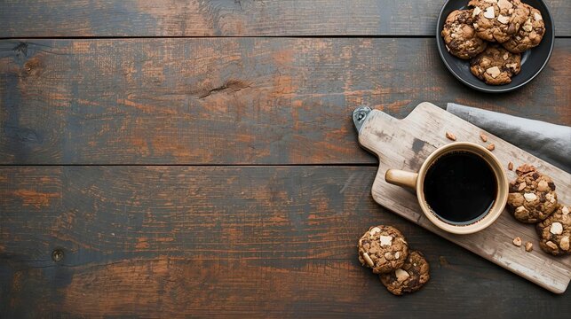 A top-view image of a cup of black coffee surrounded by chocolate chip cookies on a rustic wooden table. Cozy warm tones and ample copy space make it ideal for food, café, breakfast, and lifestyle the